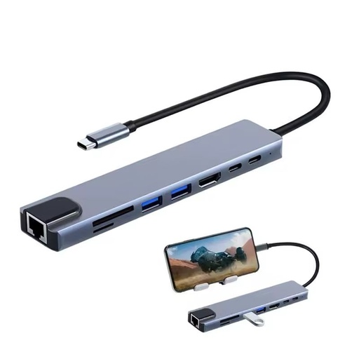 Type-C to HDTV, USB2.0, Lan, 8 in 1